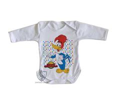 body nenê criança roupa bebê manga longa Pica Pau bolinhas