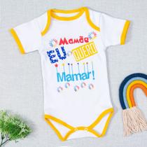 Body para Bebê Curto Mamãe Eu Quero Mamar Viés Amarelo Body para Bebê Curto Mamãe Eu Quero Mamar Viés Amarelo