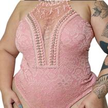Body Plus Rendado decote Tule em V com Perolas
