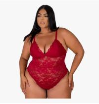 Body plus size de renda importada com decote profundo em v e alças ajustáveis