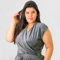 Body Plus Size Feminino Blusa Transpassado Brilho Moda Luxo