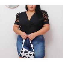 Body plus size feminino canelado manga curta bufante tule decote transpassado