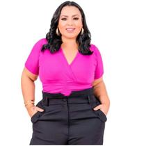 Body plus size feminino manga curta decote transpassado drapeado na cintura canelado fashion