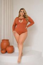 Body Plus Size Feminino Manga Longa Decote Gota Cut Out Cor:CarameloTamanho:XG