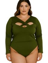 Body Plus Size Manga Longa com Decote Vazado