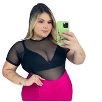 Body Plus Size Tule Manga Curta Onça Oncinha Blusa Animal BT