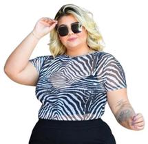 Body Plus Size Tule Manga Curta Transparência Zebra Blusa BVT