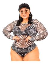 Body Plus Size Tule Manga Longa Transparência Zebra Blusa