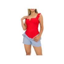 Body poliester decote V alça babado feminino fashion