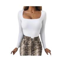 Body Preto Feminino Manga Comprida - Sexy Bodycon Gola Quadrada