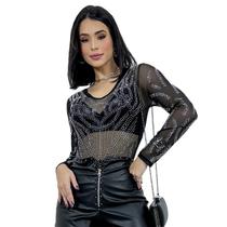 Body Preto Transparente Feminino Tule Strass Pedraria Festa