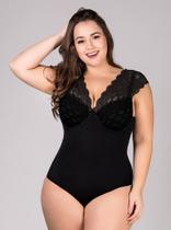 Body Redutor Plus Size Plumas Lingerie 44 Preto Renda Bojo Aro Modelador Silhueta