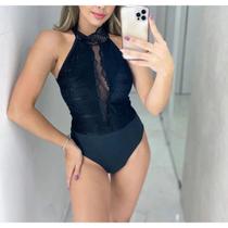 Body renda cavado gola alta decote profundo com tule feminino moda