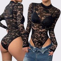 Body Renda Feminino Manga Longa Gola Alta Sexy Elegante Transparente Bori Festa Mulher