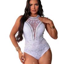Body Renda Rendado Frente Única Decote V Pérolas E Guippir