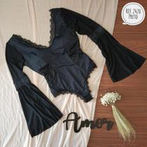 Body Super Luxo Em Elastano E Renda Francesa Com Manga Flayer De Tule, Com Bojo Removível