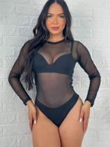 Body transparente feminino tule liso manga longa