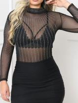 Body transparente gola aplique de pedrarias de brilho