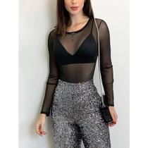 Body tule manga longa feminina moda gringa