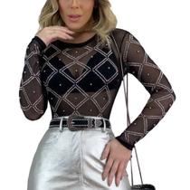 Body Tule Transparente Manga Longa Perolas Strass Brilho Body Tule Transparente Manga Longa Perolas Strass Brilho