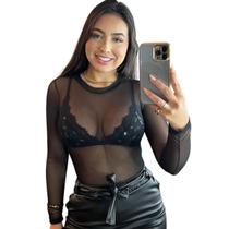 Body Tule Transparente Manga Longa Preto Gringas Model