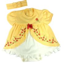 Body vestido bebê fantasia manga curta franzida amarelo bordado princesa bela e a fera com faixa de cabelo - Espevitados