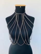 Bodychain banhado Ródio Negro blusa de correntes em camadas Bodychain banhado Ródio Negro blusa de correntes em camadas