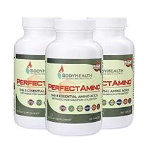 BodyHealth PerfectAmino Comprimidos, (3-Pack) Todos os 8 aminoácidos essenciais com BCAAs + lisina, fenilalanina, treonina, metionina, triptofano, suplemento para produção de massa muscular, recuperação e força