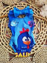 Bodys Baby & Baby Menina Infantil Temático Galinha Pintadinha Azul + Laço de Cabelo