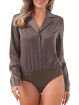 Bodysuit Allegra K Satin Business para mulheres, café de manga comprida Bodysuit Allegra K Satin Business para mulheres, café de manga comprida