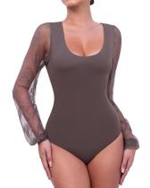 Bodysuit Awffni, manga comprida, tanga preta com forro duplo, renda
