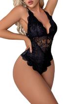 Bodysuit de lingerie Snap Crotch, renda preta, decote em V profundo para mulheres