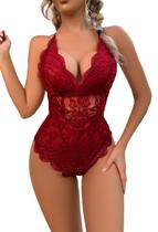 Bodysuit de lingerie Snap Crotch, renda vermelha, decote em V profundo para mulheres