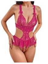 Bodysuit de pelúcia, lingerie SOLY HUX, renda feminina, rosa quente