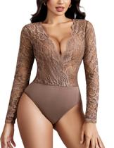 Bodysuit feminino Avidlove, manga comprida, decote em V, renda, lingerie de pelúcia Bodysuit feminino Avidlove, manga comprida, decote em V, renda, lingerie de pelúcia