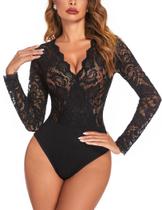 Bodysuit feminino Avidlove, manga comprida, decote em V, renda preta