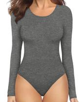 Bodysuit feminino MANGOPOP, gola redonda, manga comprida, cinza