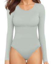 Bodysuit feminino MANGOPOP, gola redonda, manga comprida, cinza