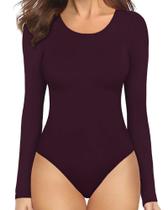Bodysuit feminino MANGOPOP, gola redonda, manga comprida, cor de vinho