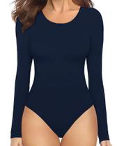 Bodysuit feminino MANGOPOP, manga comprida, gola redonda, azul