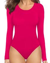 Bodysuit feminino MANGOPOP, manga comprida, gola redonda, rosa