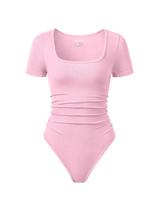 Bodysuit feminino OQQ, franzido, manga curta, gola quadrada, rosa