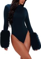 Bodysuit feminino Unybwonn, modelador de manga comprida, punhos de pele sintética Bodysuit feminino Unybwonn, modelador de manga comprida, punhos de pele sintética