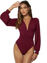 Bodysuit feminino WDIRARA com decote em V profundo, canelado, manga comprida, marrom Bodysuit feminino WDIRARA com decote em V profundo, canelado, manga comprida, marrom