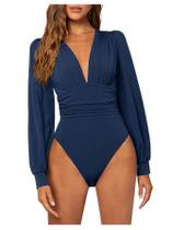 Bodysuit feminino WDIRARA com decote em V profundo e manga comprida canelada Bodysuit feminino WDIRARA com decote em V profundo e manga comprida canelada