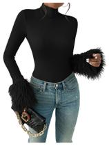 Bodysuit feminino WDIRARA de gola alta de manga comprida, canelado, preto Bodysuit feminino WDIRARA de gola alta de manga comprida, canelado, preto