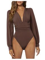 Bodysuit feminino WDIRARA, decote em V profundo, canelado, manga comprida, marrom Bodysuit feminino WDIRARA, decote em V profundo, canelado, manga comprida, marrom