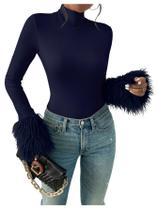 Bodysuit feminino WDIRARA, gola alta, manga comprida, punho felpudo