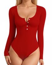 Bodysuit MANGOPOP, camisa feminina Henley com nervuras, manga comprida Bodysuit MANGOPOP, camisa feminina Henley com nervuras, manga comprida