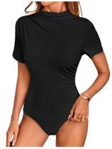 Bodysuit Milumia, camiseta feminina casual franzida, com gola simulada, preta Bodysuit Milumia, camiseta feminina casual franzida, com gola simulada, preta